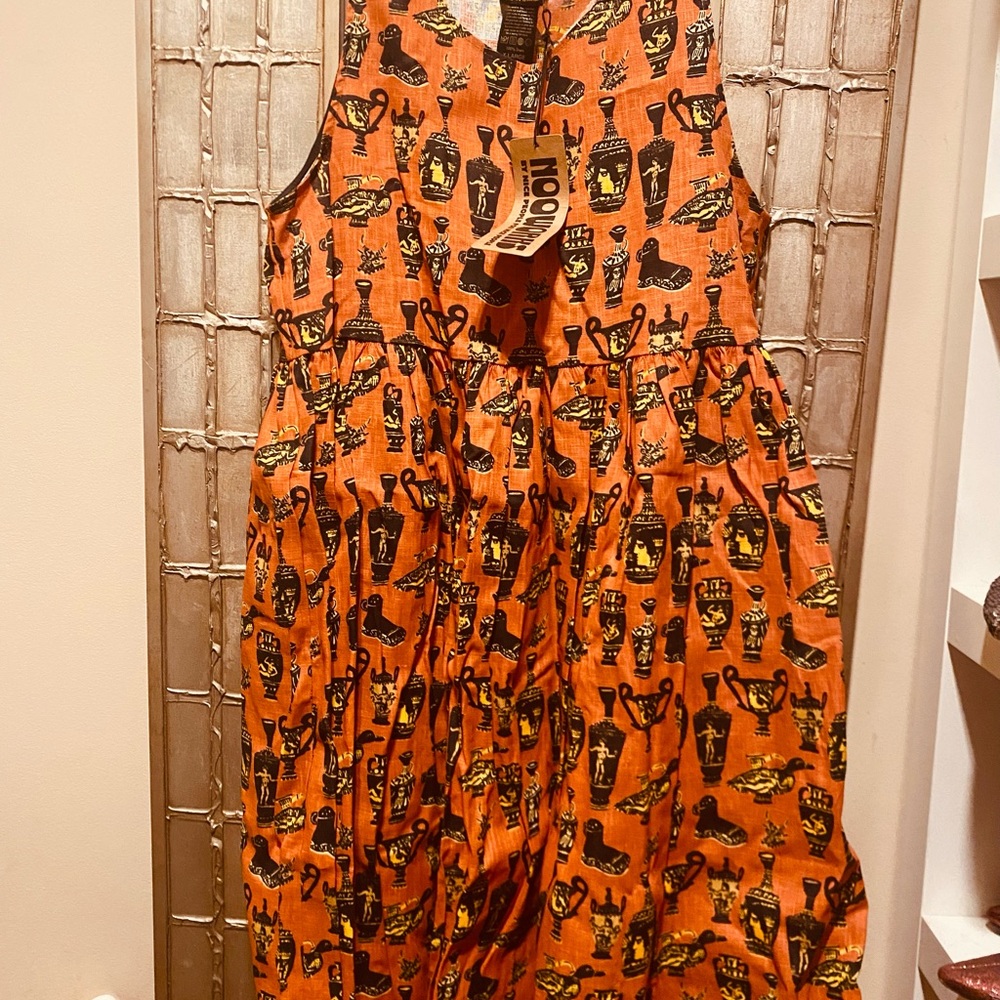 Nooworks Pots Naomi Linen dress- Rusty Orange Midi Dress with Black Accents. - Picture 2 of 7
